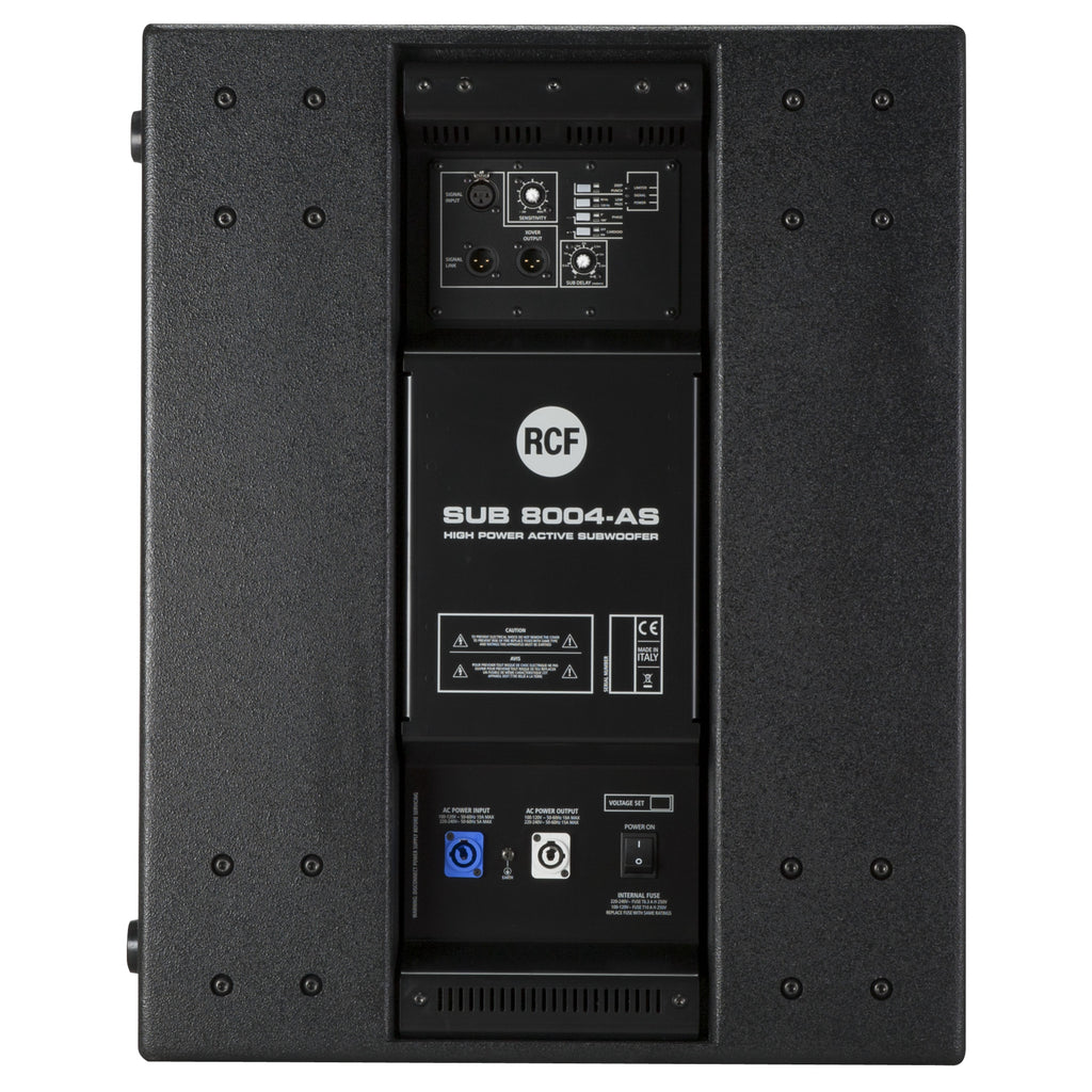 סאבוופר מוגבר RCF SUB 8004-AS – מבט אחורי עם פאנל המגבר
