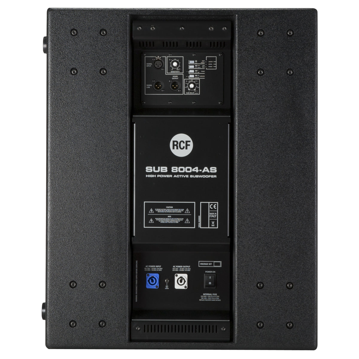 סאבוופר מוגבר RCF SUB 8004-AS – מבט אחורי עם פאנל המגבר