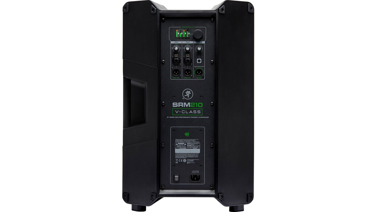 רמקול מוגבר Mackie SRM210 V-Class – מבט אחורי עם המיקסר והמסך
