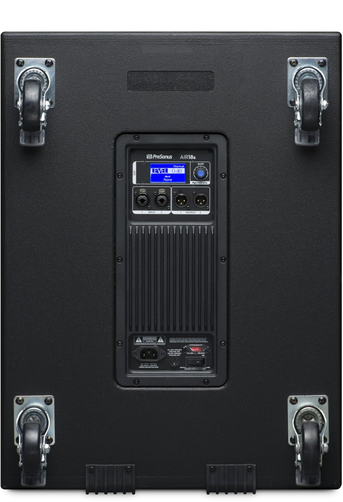 סאבוופר מוגבר PreSonus AIR18s – פאנל אחורי עם הגלגלים