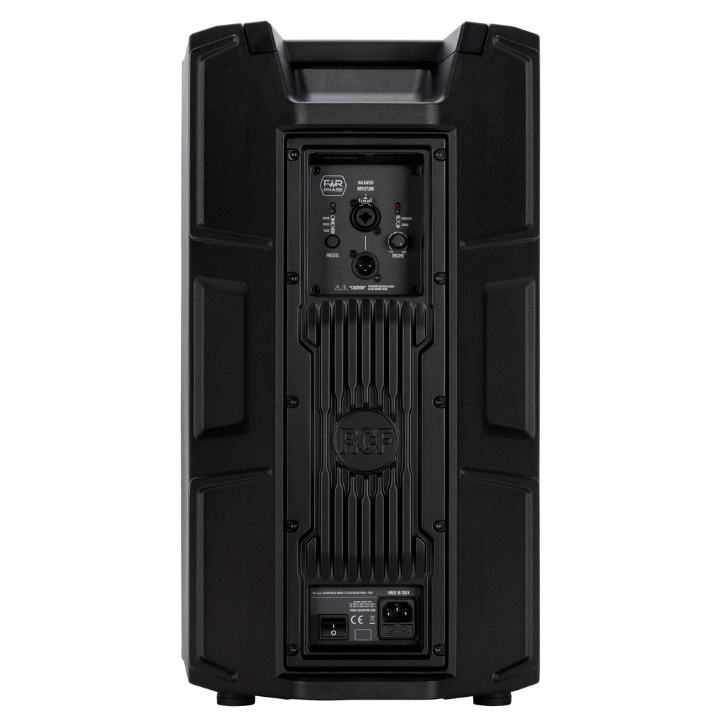 רמקול מוגבר RCF ART 910-A, מבט אחורי על המגבר והחיבורים