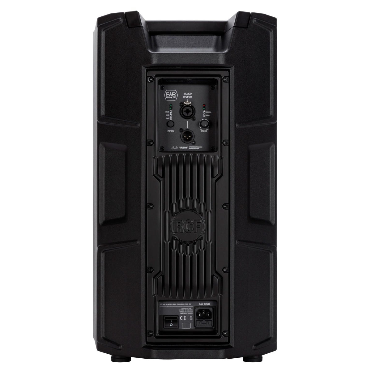 רמקול מוגבר RCF ART 910-A, מבט אחורי על המגבר והחיבורים