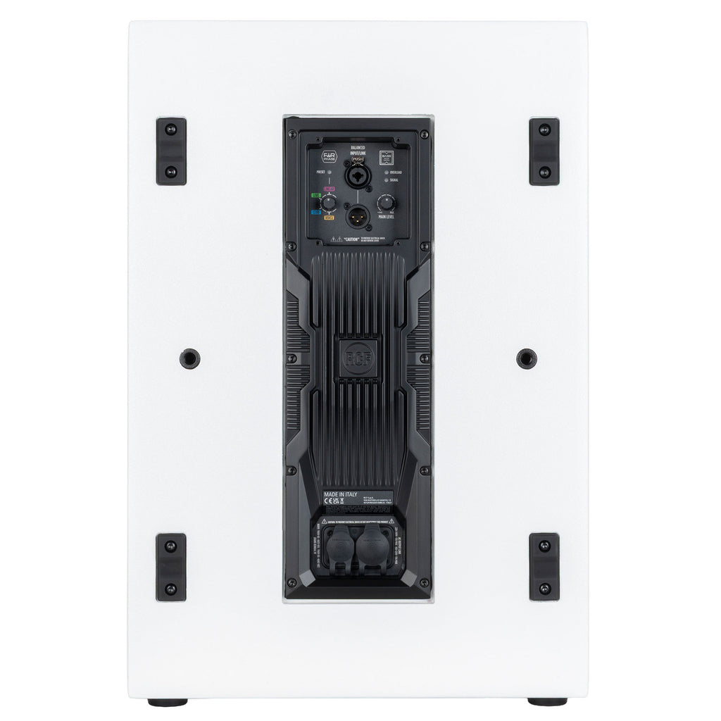 הסאב של RCF EVOX V15 בלבן, מבט אחורי על המגבר והחיבורים
