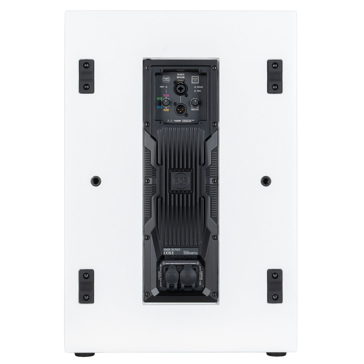 הסאב של RCF EVOX V15 בלבן, מבט אחורי על המגבר והחיבורים