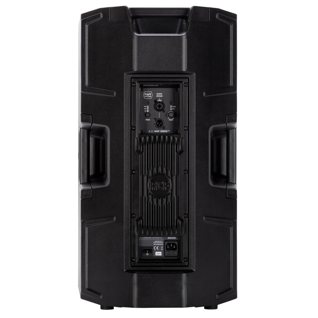 רמקול מוגבר RCF ART 915-A, מבט אחורי על המגבר והחיבורים