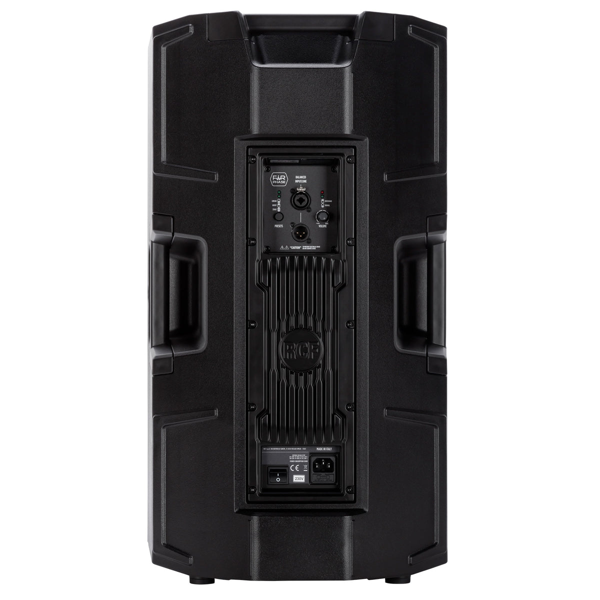 רמקול מוגבר RCF ART 915-A, מבט אחורי על המגבר והחיבורים