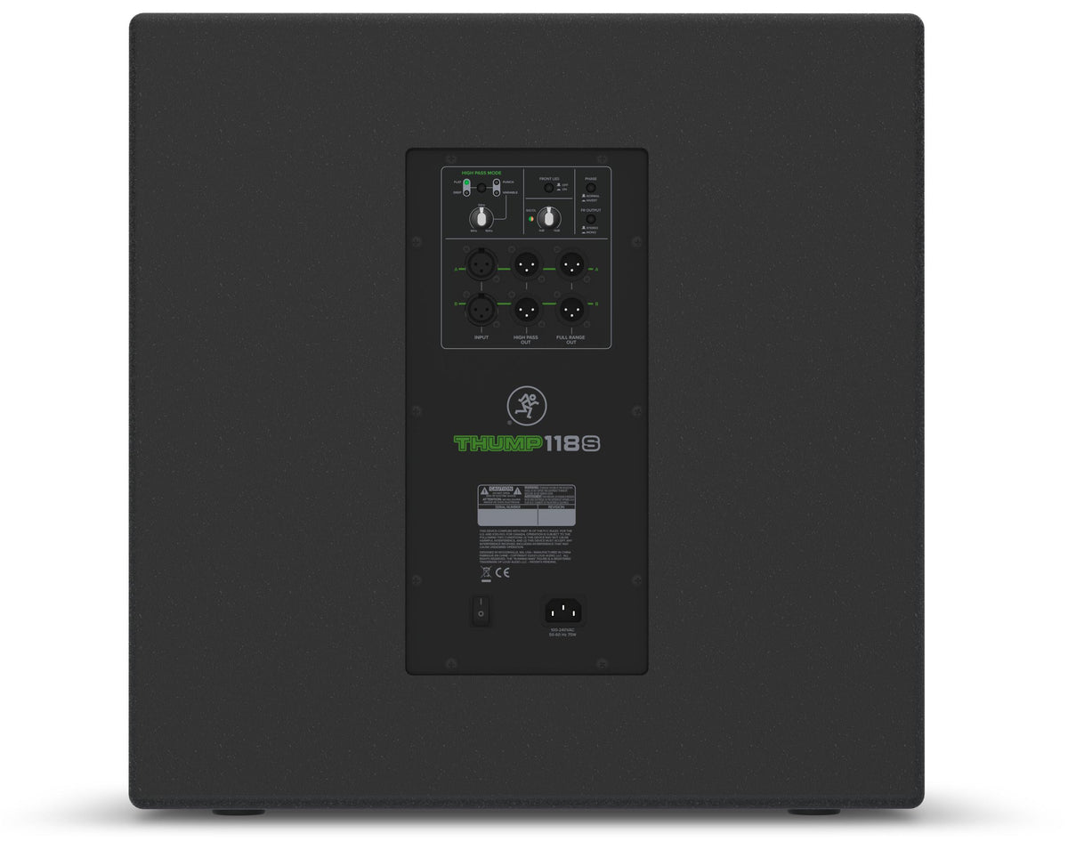 סאבוופר מוגבר Mackie Thump118S – מבט אחורי עם פאנל החיבורים
