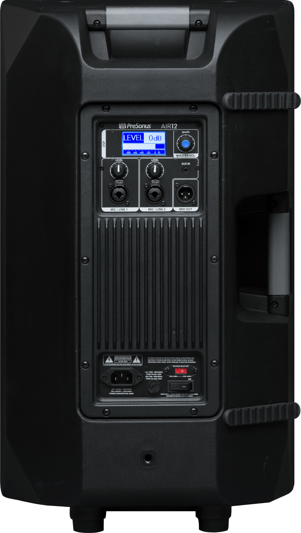 רמקול מוגבר PreSonus AIR12 – פאנל אחורי עם המסך והחיבורים