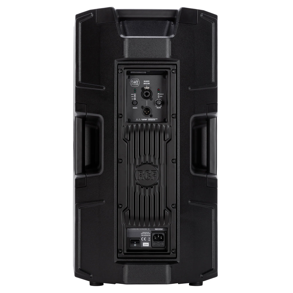 רמקול מוגבר RCF ART 912-A, מבט אחורי על המגבר והחיבורים
