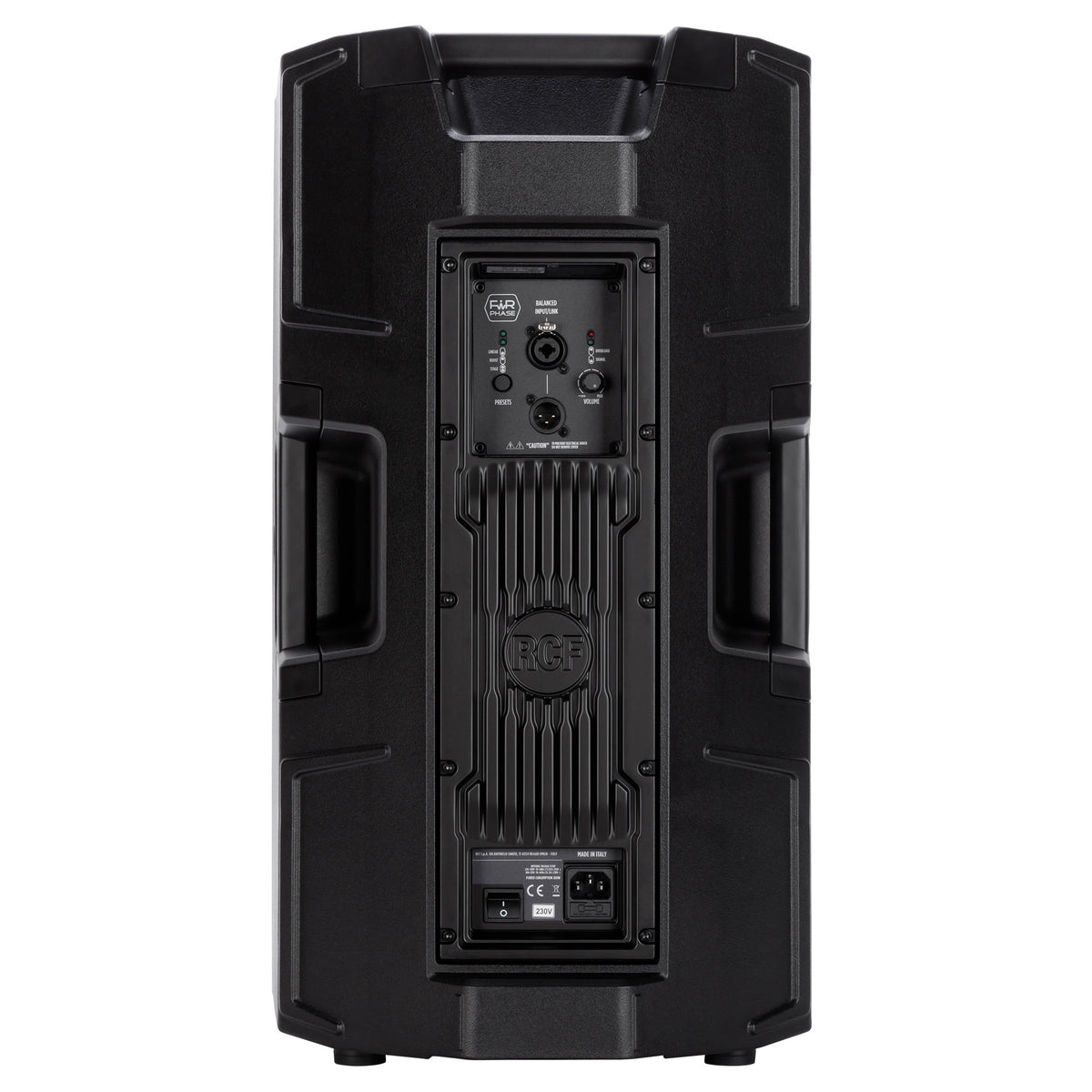 רמקול מוגבר RCF ART 912-A, מבט אחורי על המגבר והחיבורים