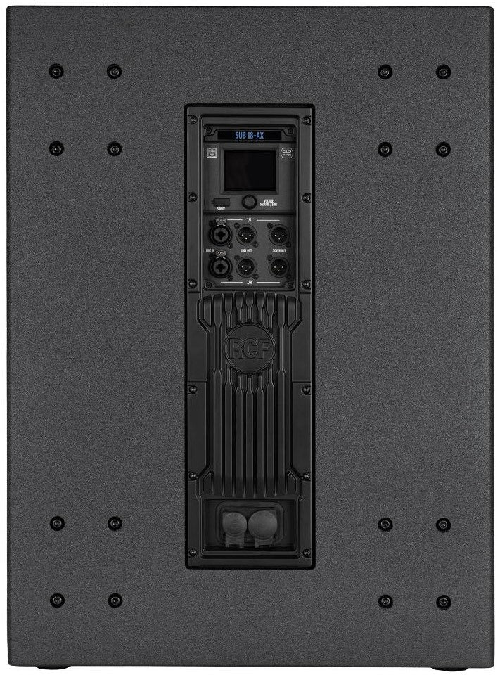 סאבוופר מוגבר RCF SUB 18-AX, מבט אחורי על מסך המגע והחיבורים