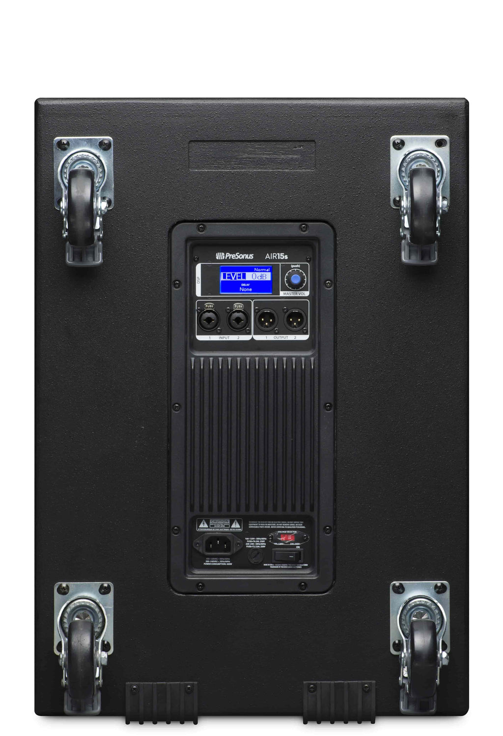 סאבוופר מוגבר PreSonus AIR15s – פאנל אחורי עם הגלגלים