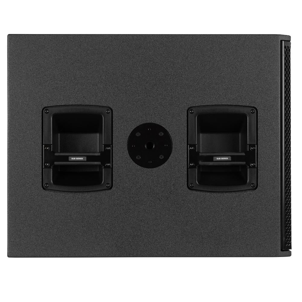 סאבוופר מוגבר RCF SUB 8008-AS – מבט מהצד, ידיות ותושבת לעמוד