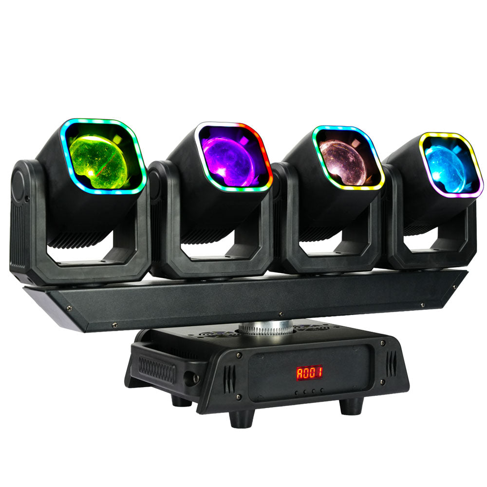 מובינג הד 4 ראשים Apextone 4-HEADS-BEAM, מבט קדמי עם מסגרות לד דולקות