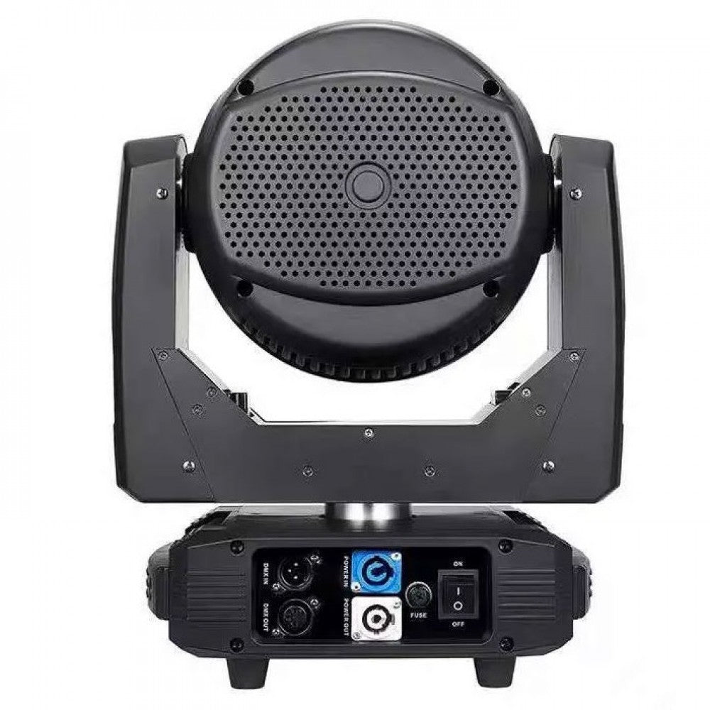מובינג הד LED Wash Zoom 7×40W של Apextone, מבט אחורי עם חיבורי DMX ו־PowerCON