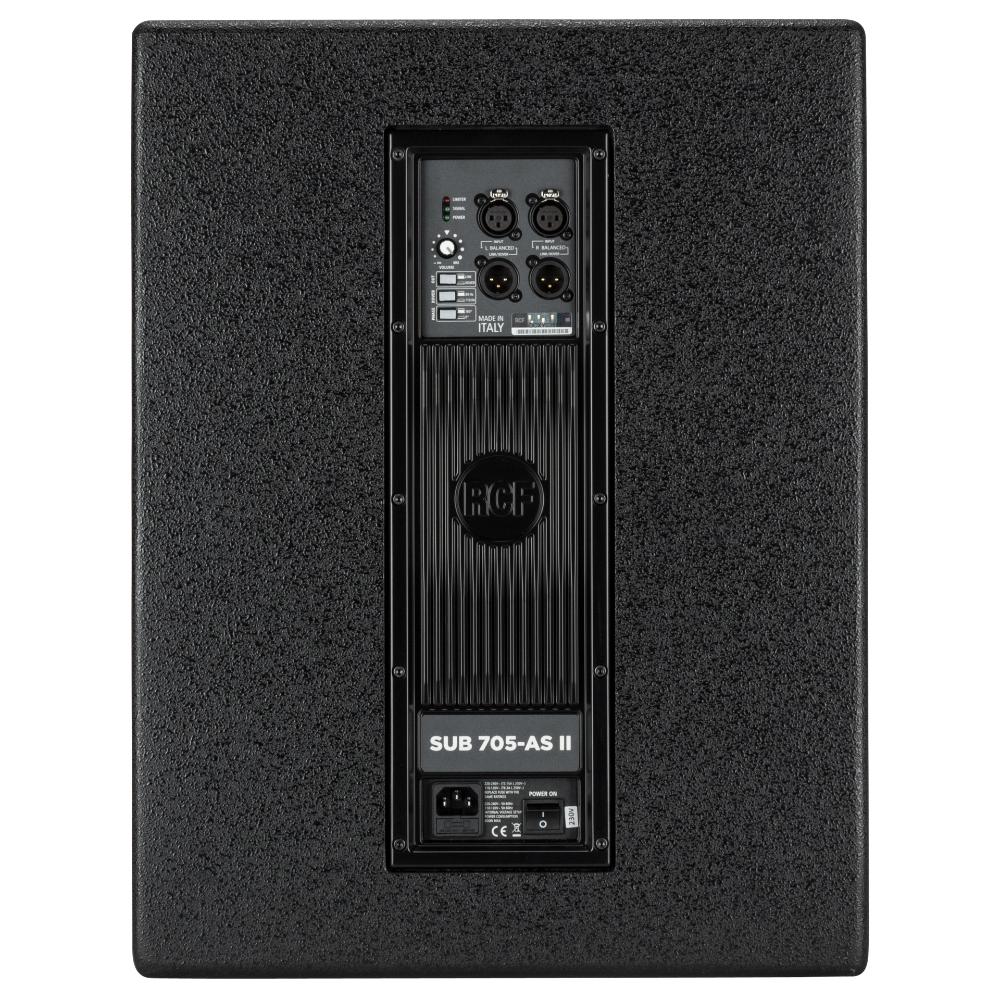 סאבוופר מוגבר RCF SUB 705-AS II, מבט אחורי על המגבר והחיבורים