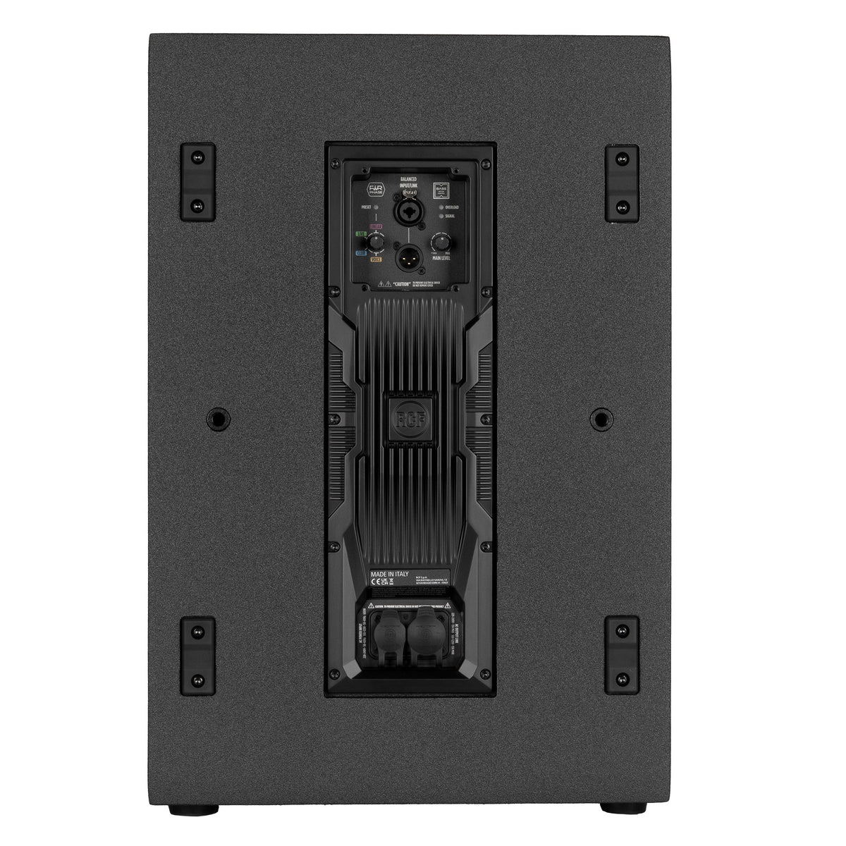 הסאב של RCF EVOX V15 בשחור, מבט אחורי על המגבר והחיבורים