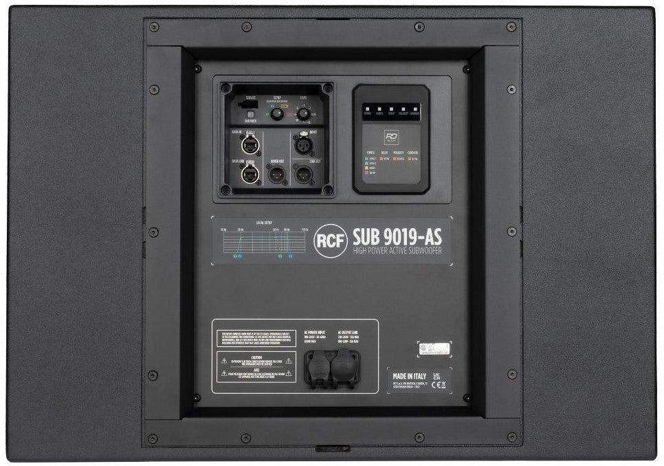 סאבוופר מוגבר RCF SUB 9019-AS, מבט אחורי על לוח החיבורים