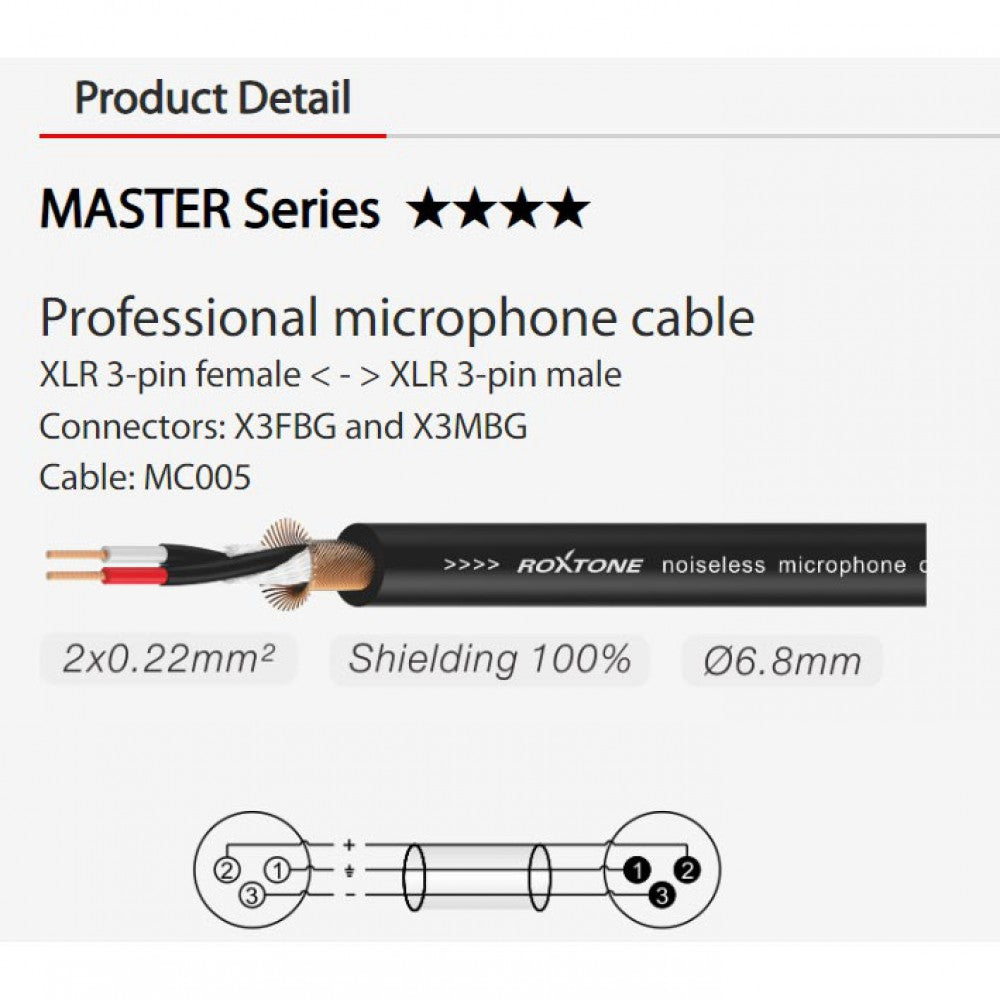 כבל XLR מקצועי Roxtone Master — אורך 10 מטר