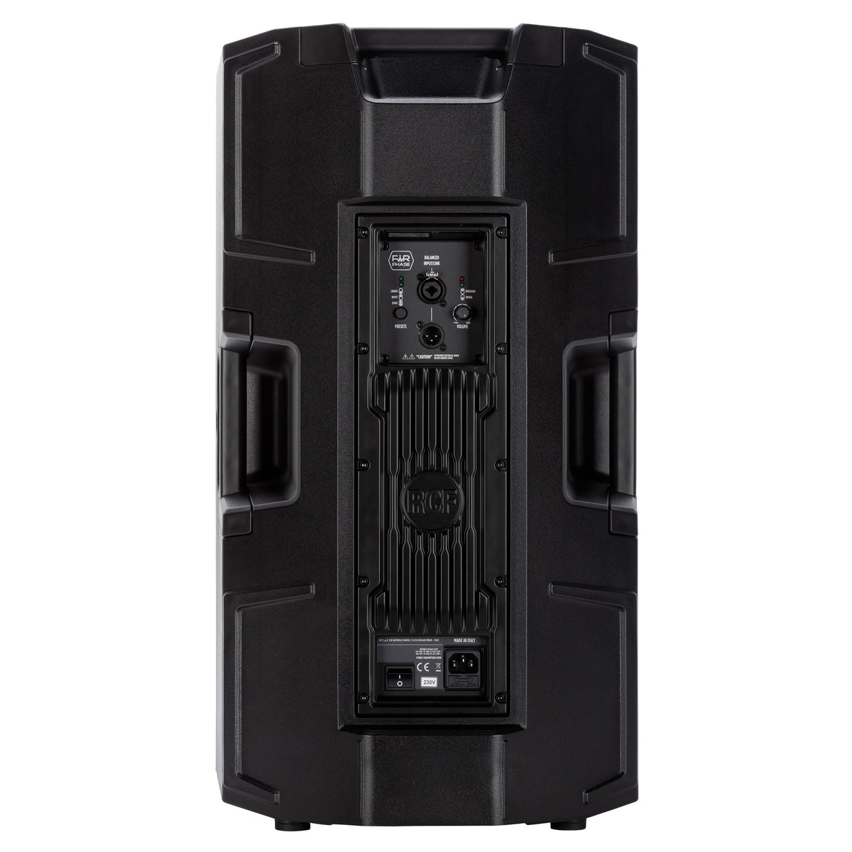 רמקול מוגבר RCF ART 935-A, מבט אחורי על המגבר והחיבורים