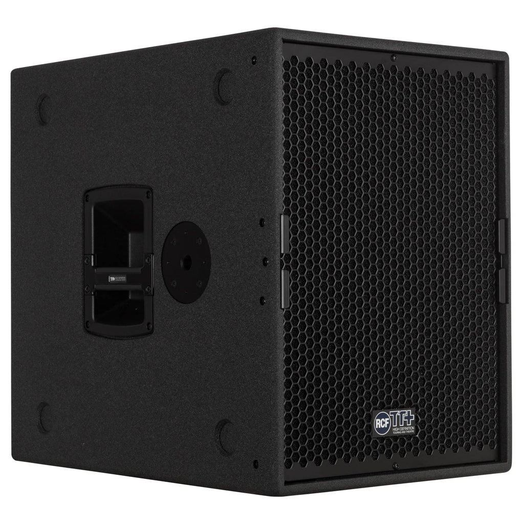 סאבוופר מוגבר RCF TTS 15-A – מבט בזווית עם תושבת צד לעמוד
