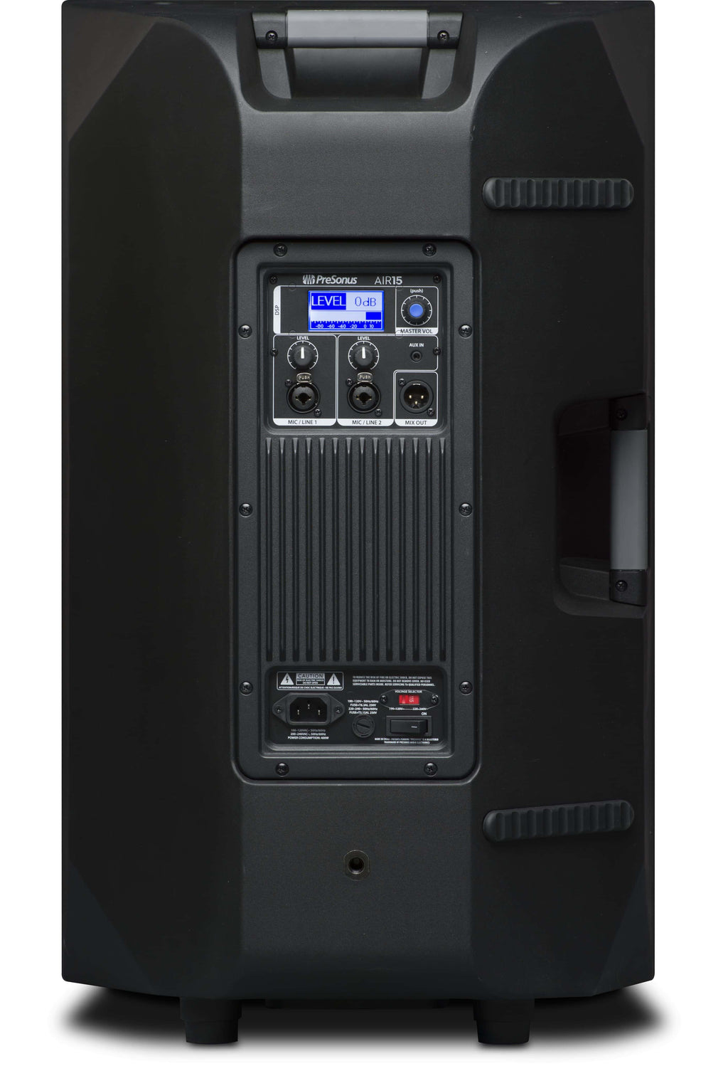 רמקול מוגבר PreSonus AIR15 – פאנל אחורי עם המסך והחיבורים