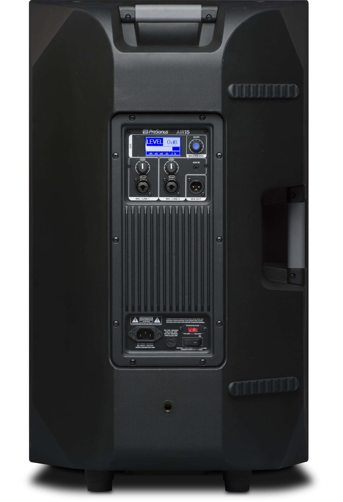 רמקול מוגבר PreSonus AIR15 – פאנל אחורי עם המסך והחיבורים