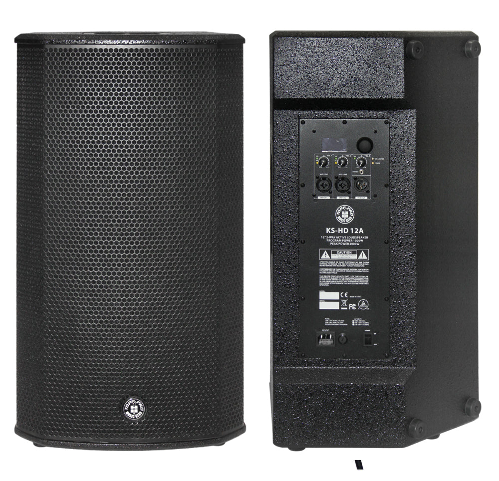 רמקול מוגבר Topp Pro KS HD12A – מבט חזיתי ומבט אחורי עם פאנל המיקסר