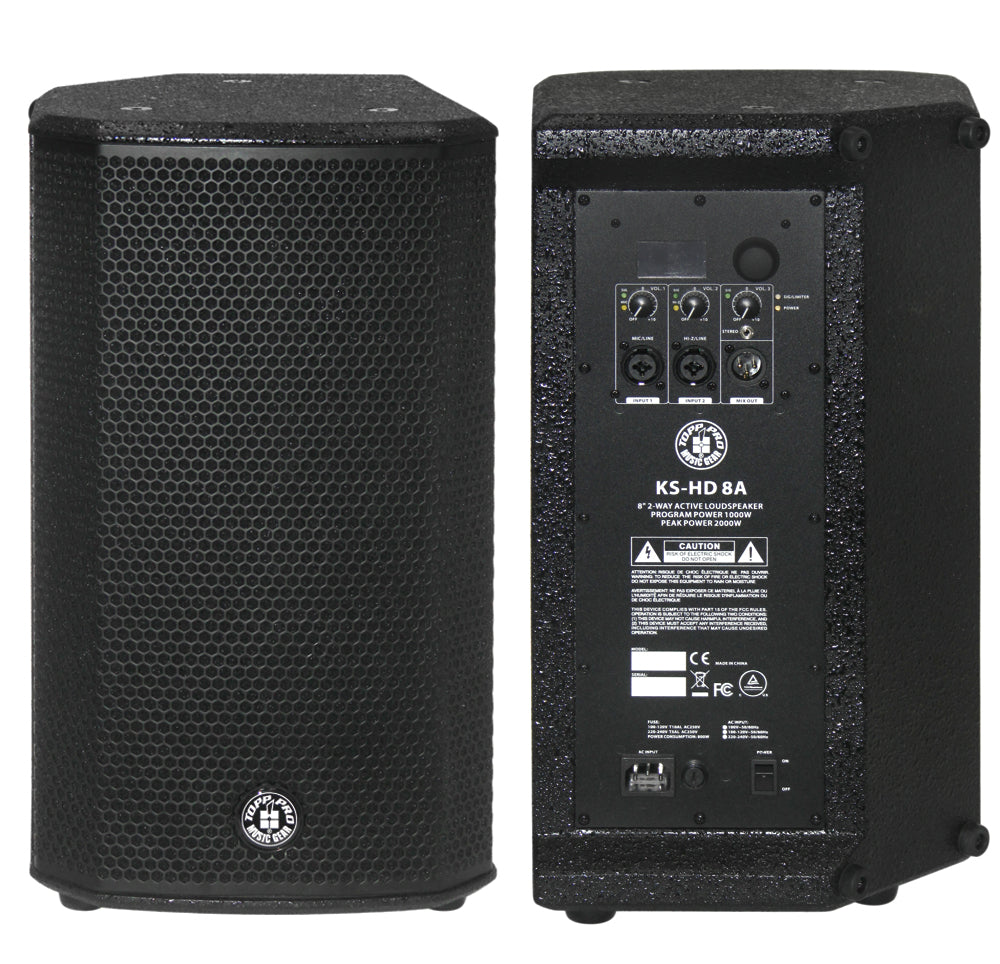 רמקול מוגבר Topp Pro KS HD8A – מבט חזיתי ומבט אחורי עם פאנל המיקסר
